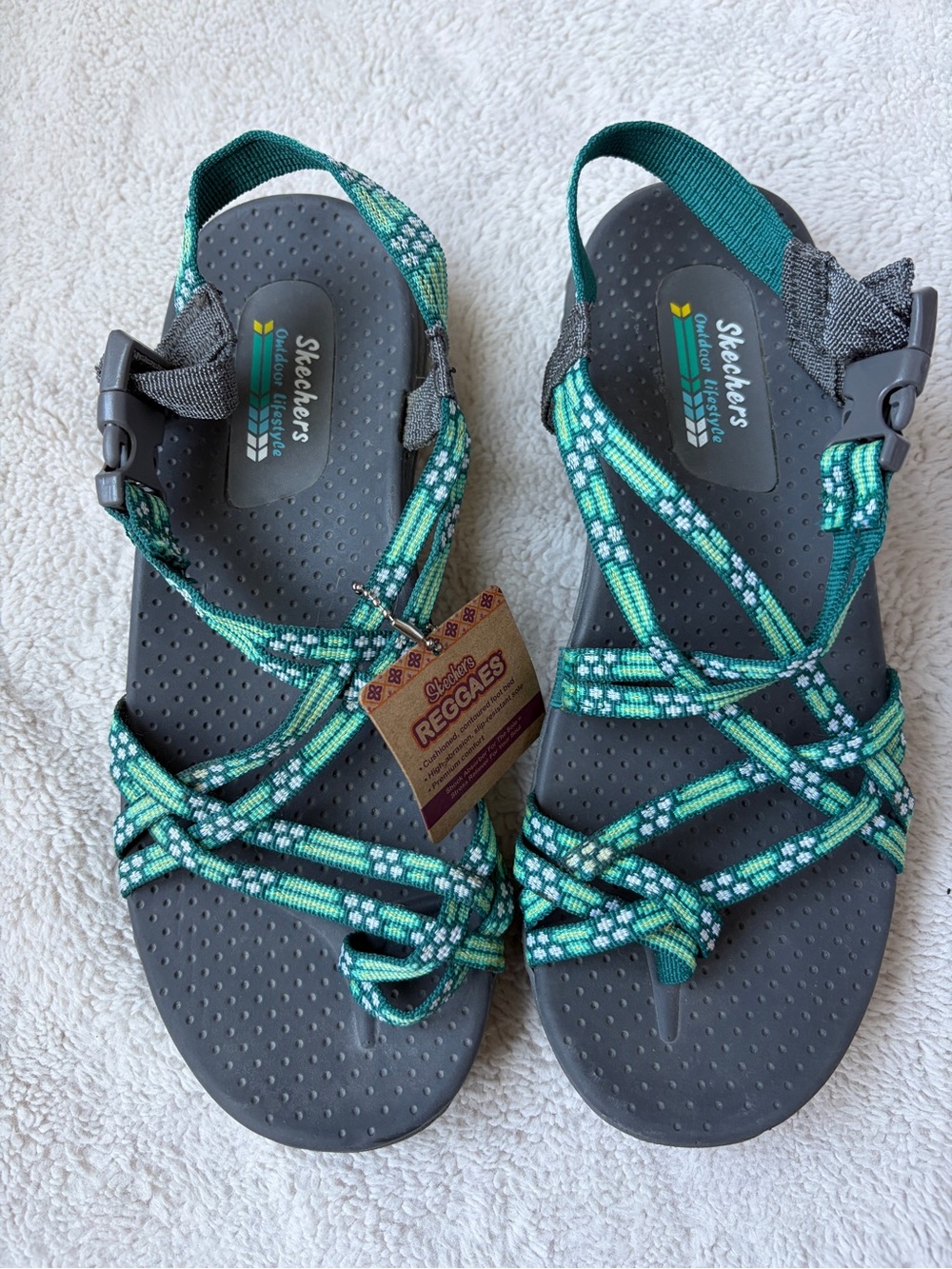 NWT Skechers Ragaes Women's Teal & White Patterned Strappy Sandals Size 8
